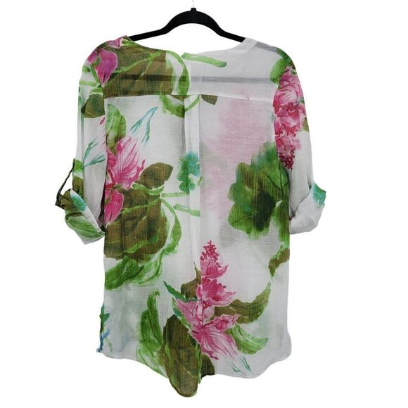 Vintage Tropical Gauze Beach Coverup Top Blouse XL White Floral Tab Sleeve Aloha - Picture 11 of 13